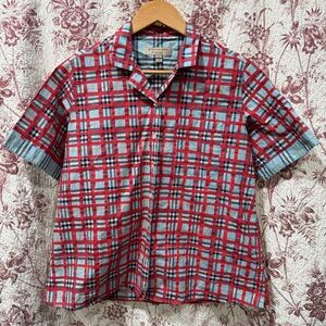 Burberry London Plaid Short Sleeve Button Down Shirt Red Blue Size US 2